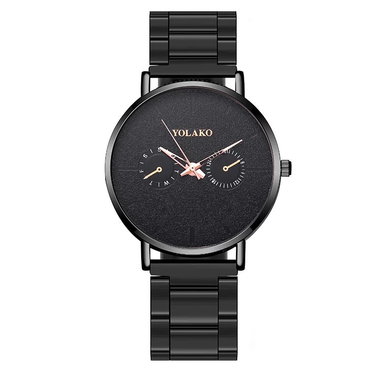 SINAIKE Super Brushed & Polished 3D Solid Black Stainless Steel Watch